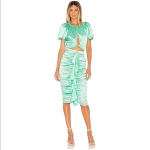 Puff Sleeve Crop Top & Ruched Midi Skirt in Green